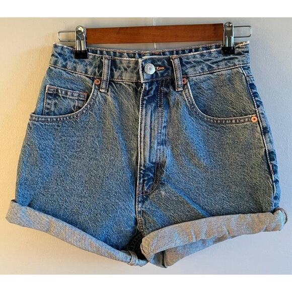 Zara High Rise Denim Shorts Blue Rolled Hem 100% Cotton Casual Summer Size 4 - Picture 1 of 5
